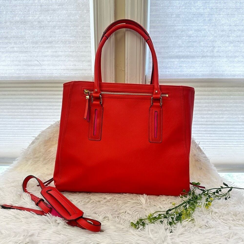 STELLA & DOT Madison Tech Red Orange Pink Expandable Tote‎ Shoulder Bag